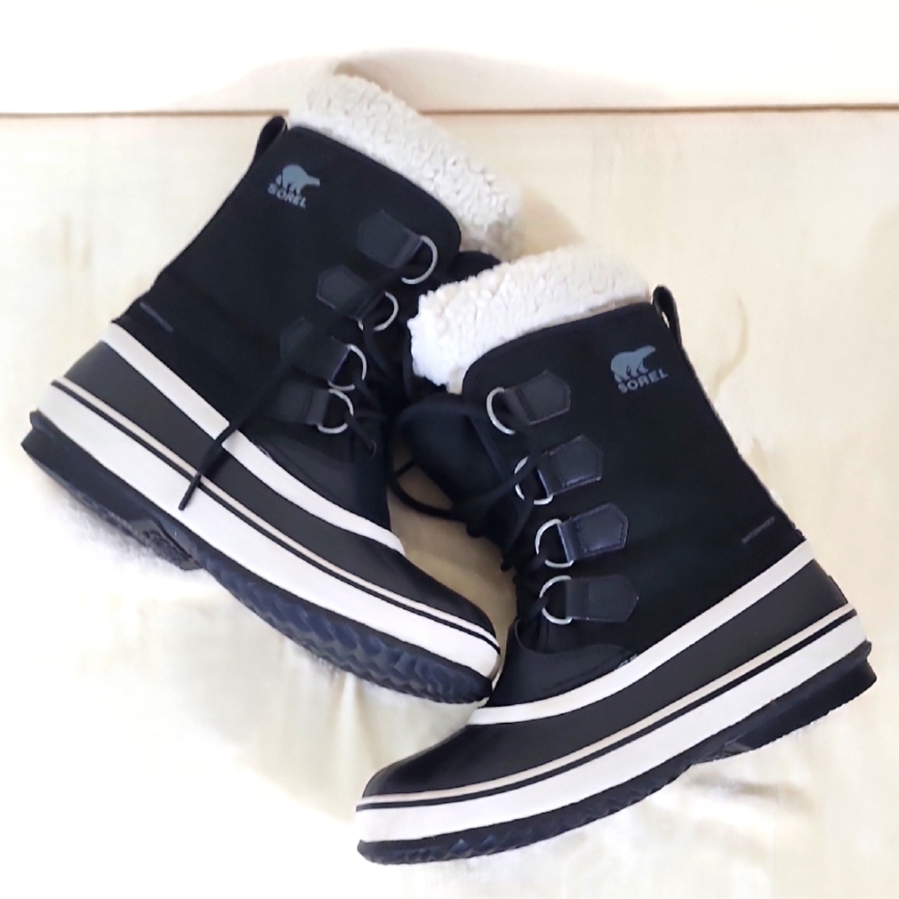 Sorel Black & White Furry Winter Carnival Waterproof Boots